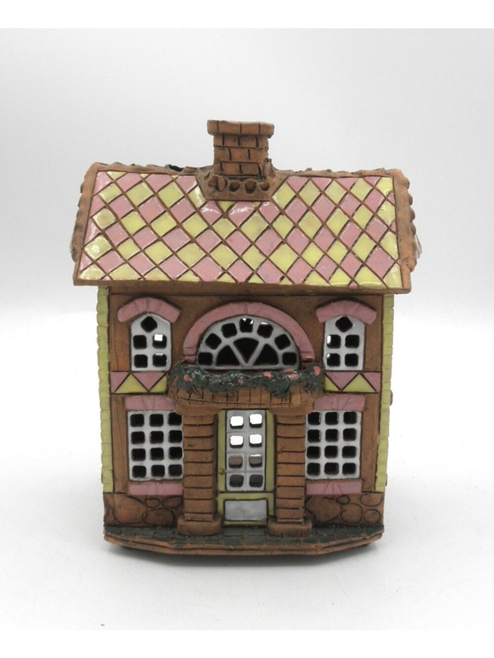 Vintage Lithuanian Terracotta Clay House Figurine Tealight Holder Hand Crafted